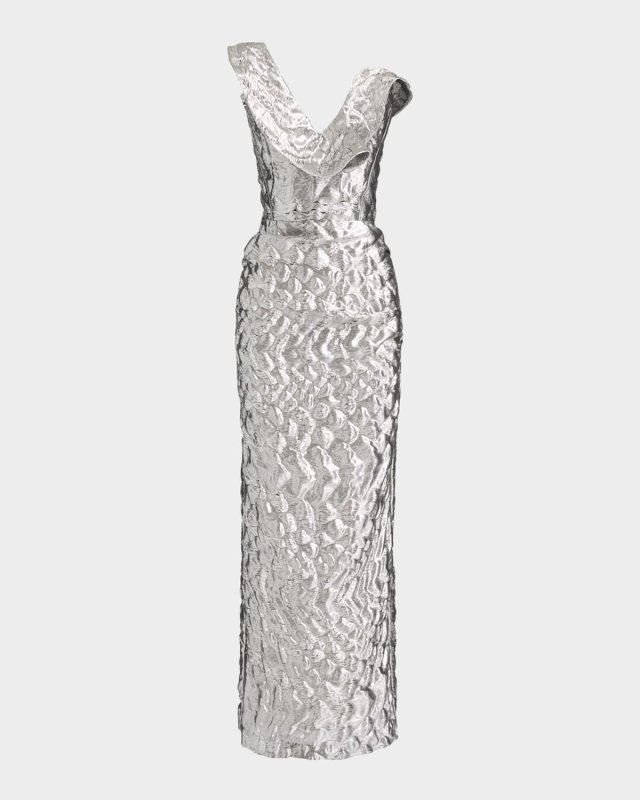 Requiem Strapless Ruffle Metallic Midi Dress